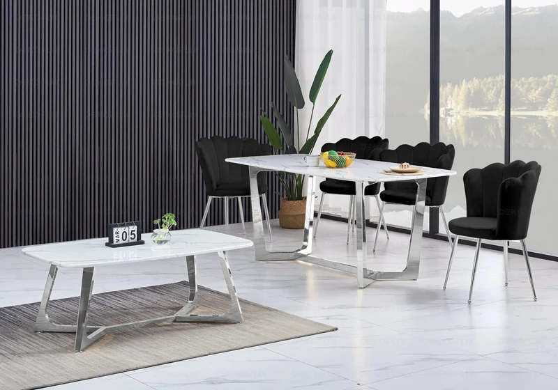 Table marbre blanc et 4 chaises argent - Gaya