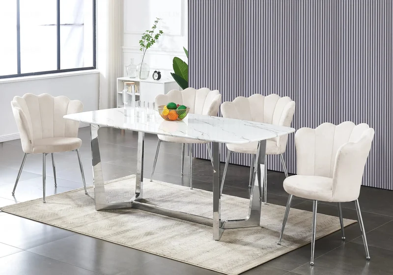 Table marbre blanc et 4 chaises argent - Gaya