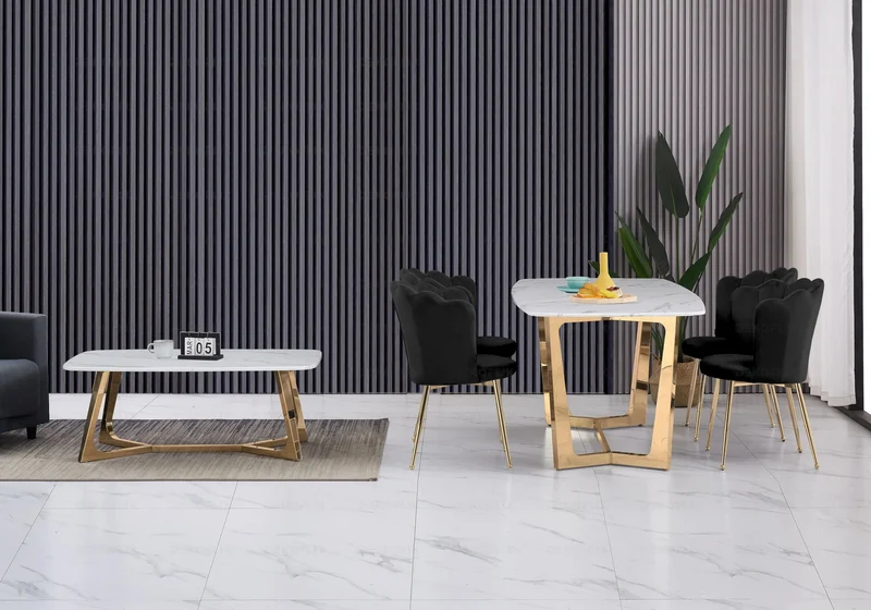 Table marbre blanc et 4 chaises doré - Gaya