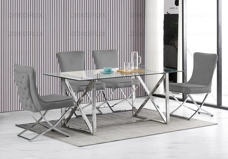 Chaise capitonnée pied croisé argent anthracite - Enzo x2