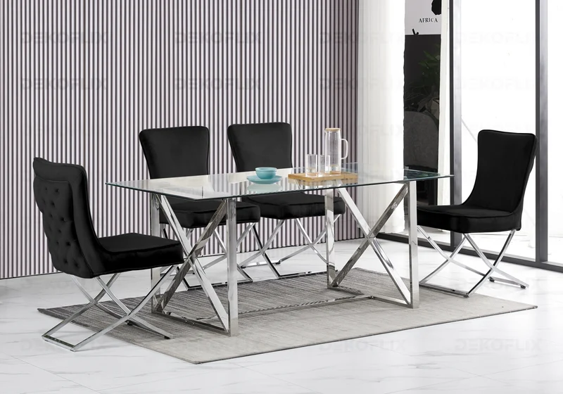 Chaise capitonnée pied croisé argent noire - Enzo x2