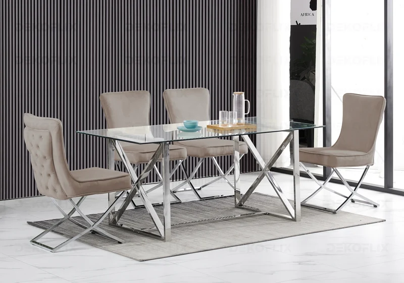 Table verre et 4 chaises velours taupe argent - Enzo