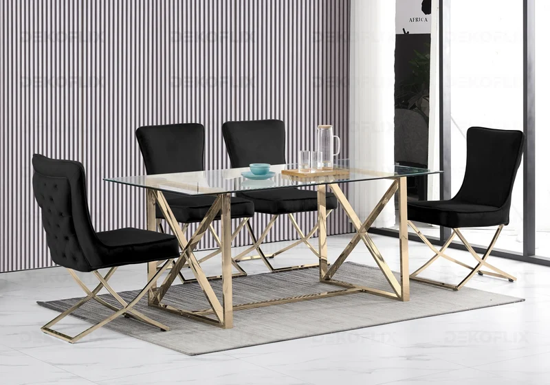 Table verre et 4 chaises velours noir dorée - Enzo