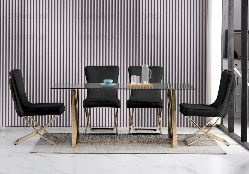 Table verre et 4 chaises velours noir dorée - Enzo