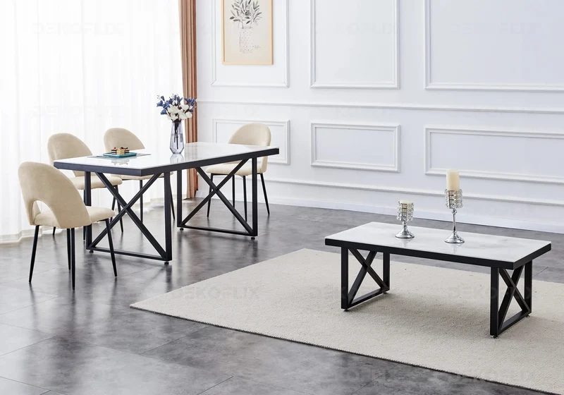 Table noire marbre blanc et chaises taupes - Clara