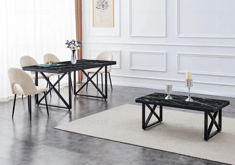 Table marbre noir et chaises beiges - Clara