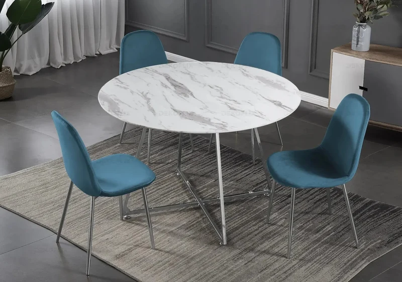 Table ronde marbre et 4 chaises argent - Gina
