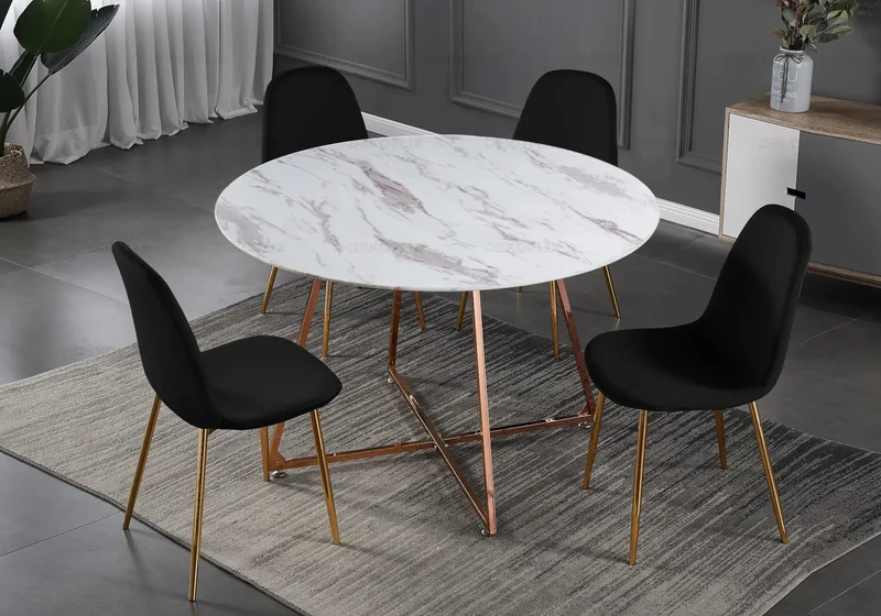 Table ronde marbre et 4 chaises or rose - Gina