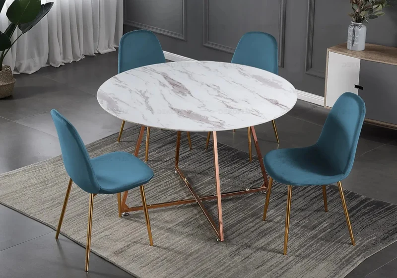 Table ronde marbre et 4 chaises or rose - Gina