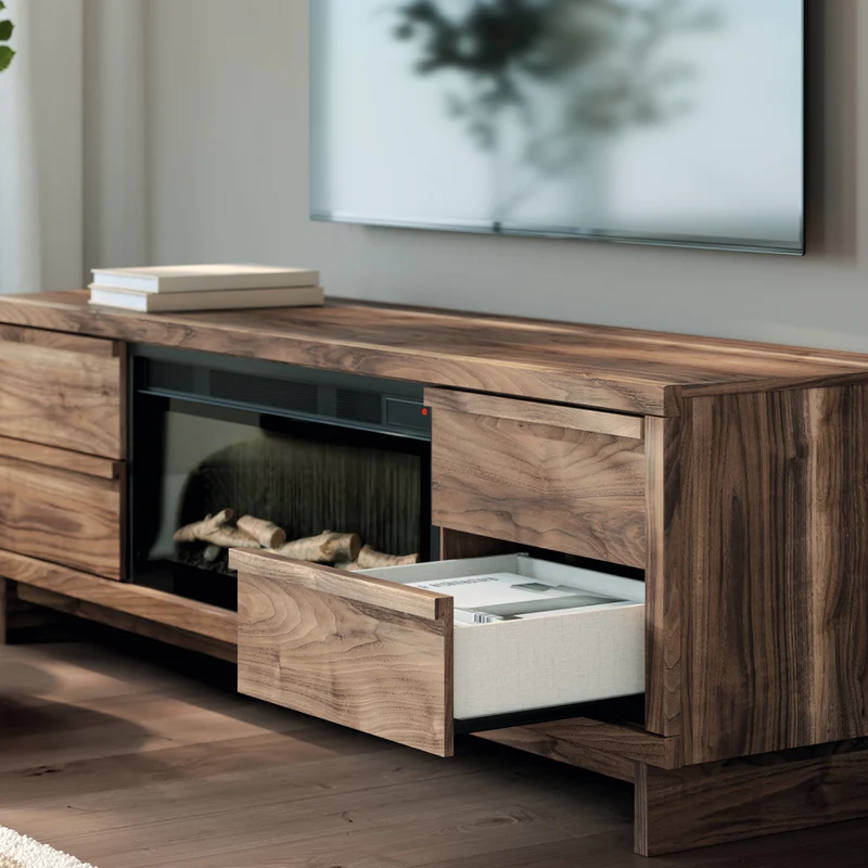 Meuble de télévision XL en bois/MDF brun avec foyer électrique - Zadilyn