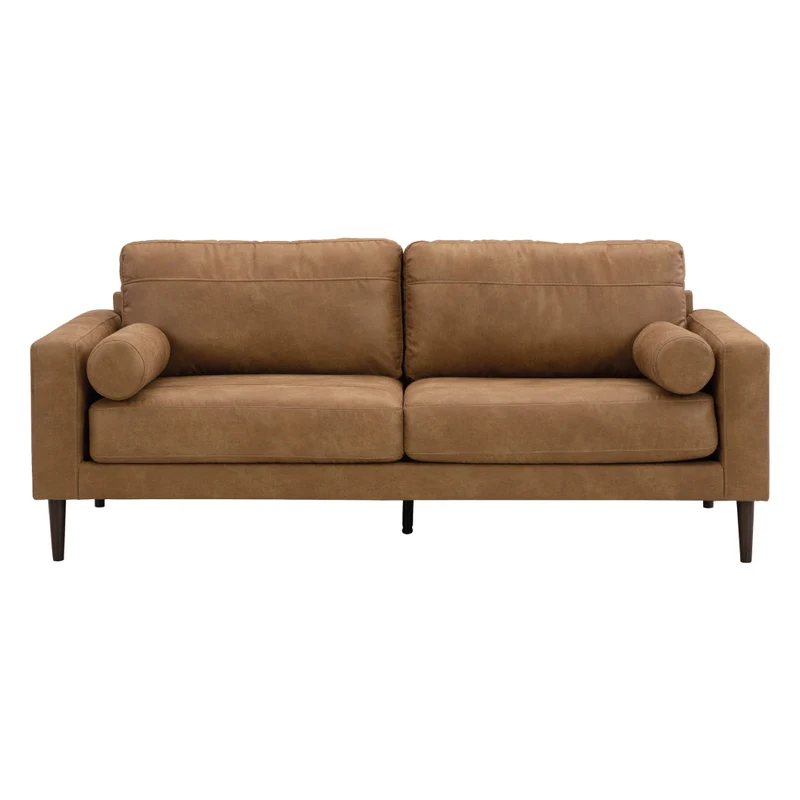 Sofa condo aspect cuir brun caramel avec coussins - Telora
