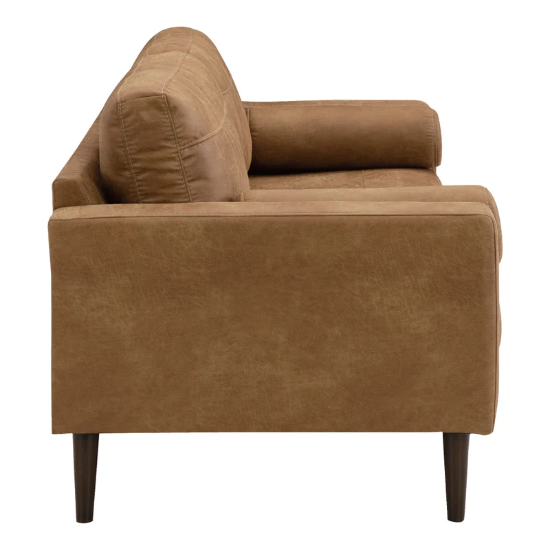 Sofa condo aspect cuir brun caramel avec coussins - Telora
