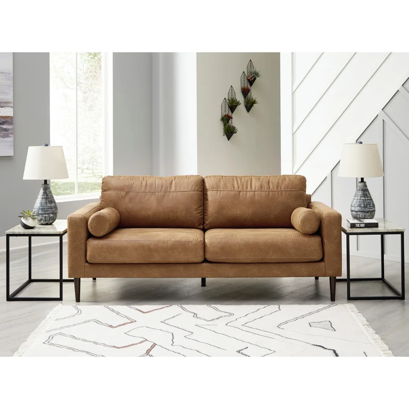 Sofa condo aspect cuir brun caramel avec coussins - Telora