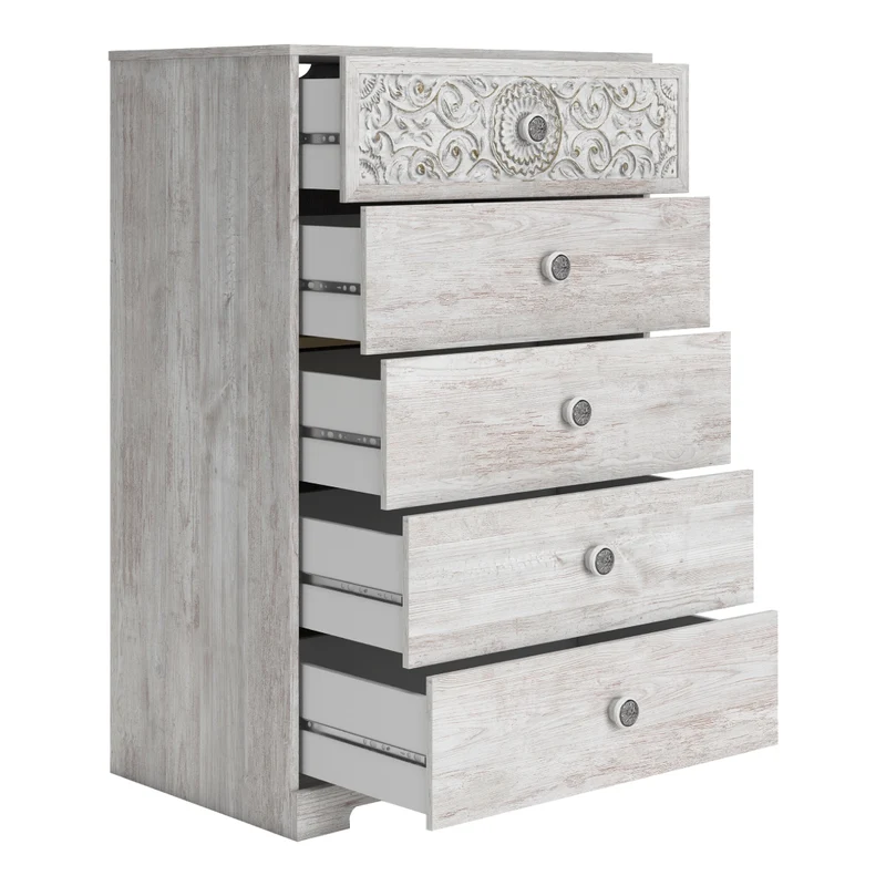 Commode à 5 tiroirs en bois/MDF blanc usé - Paxberry