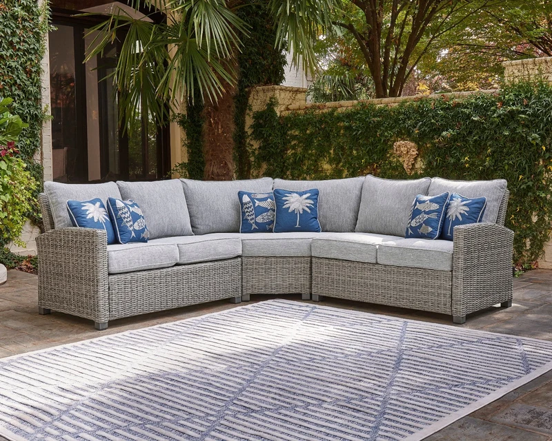 Sectionnel extérieur 3 pièces en tissu Nuvella et en osier gris pâle avec coussins - Naples Beach