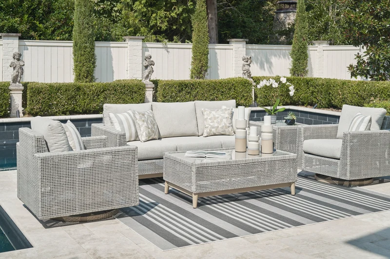 Sofa extérieur en tissu Nuvella et en osier gris pâle avec coussins - Seton Creek