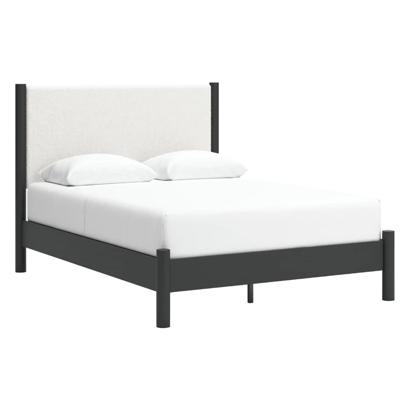 Lit complet avec tête rembourrée en tissu blanc et bois noir Grand / Très grand - Cadmori