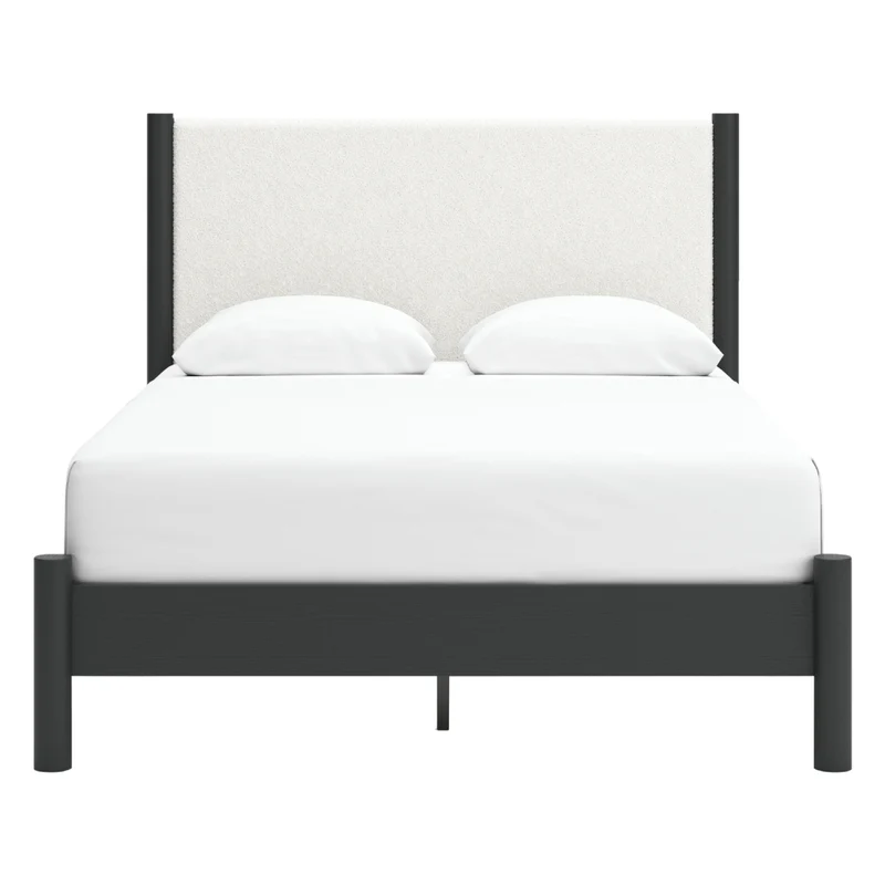 Lit complet avec tête rembourrée en tissu blanc et bois noir Grand / Très grand - Cadmori