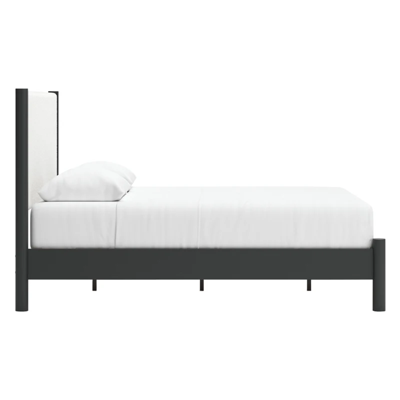 Lit complet avec tête rembourrée en tissu blanc et bois noir Grand / Très grand - Cadmori