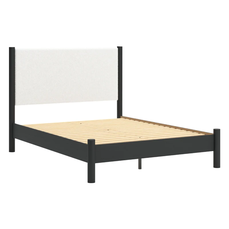 Lit complet avec tête rembourrée en tissu blanc et bois noir Grand / Très grand - Cadmori
