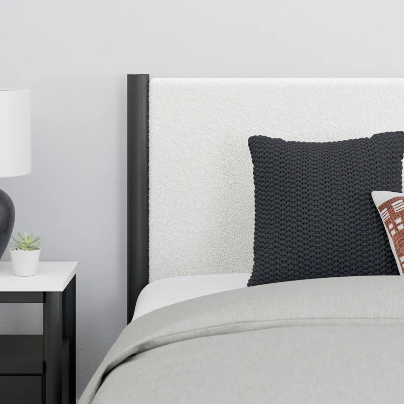 Lit complet avec tête rembourrée en tissu blanc et bois noir Grand / Très grand - Cadmori