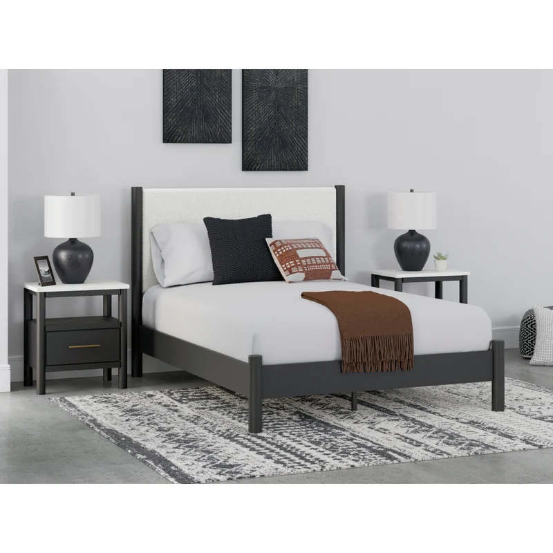 Lit complet avec tête rembourrée en tissu blanc et bois noir Grand / Très grand - Cadmori