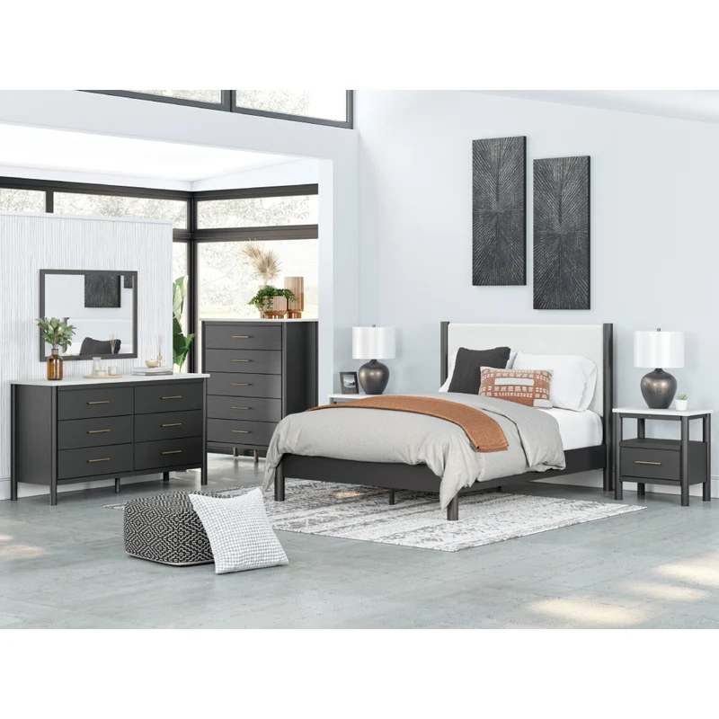 Lit complet avec tête rembourrée en tissu blanc et bois noir Grand / Très grand - Cadmori