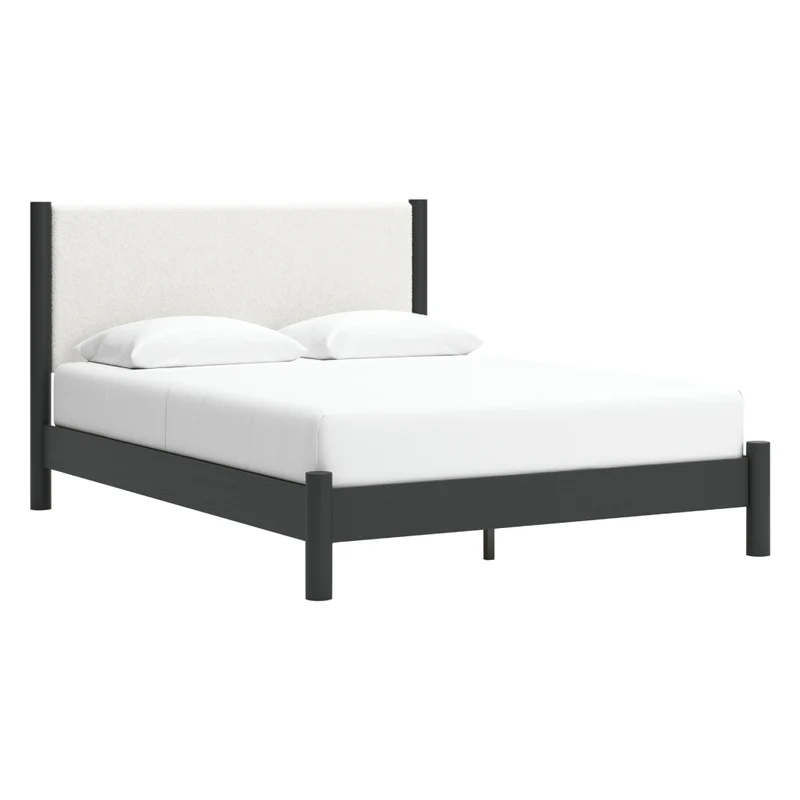 Lit complet avec tête rembourrée en tissu blanc et bois noir Grand / Très grand - Cadmori