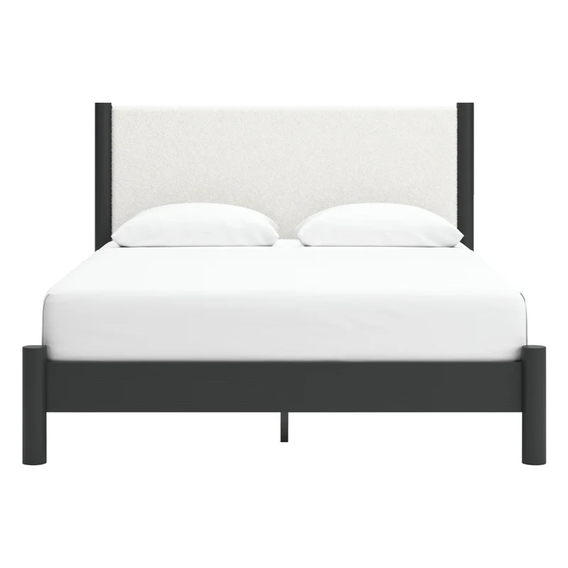 Lit complet avec tête rembourrée en tissu blanc et bois noir Grand / Très grand - Cadmori