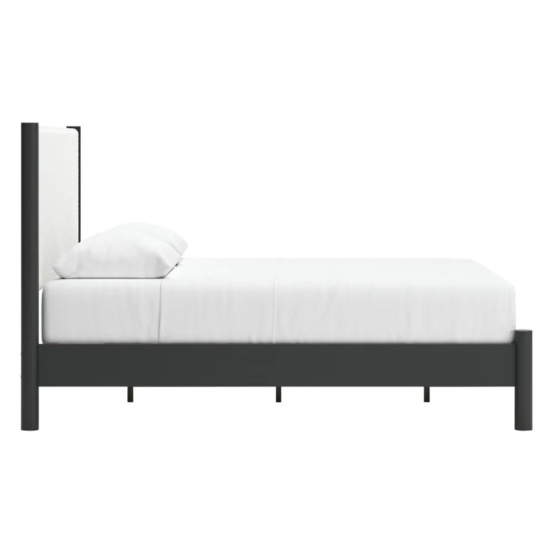 Lit complet avec tête rembourrée en tissu blanc et bois noir Grand / Très grand - Cadmori