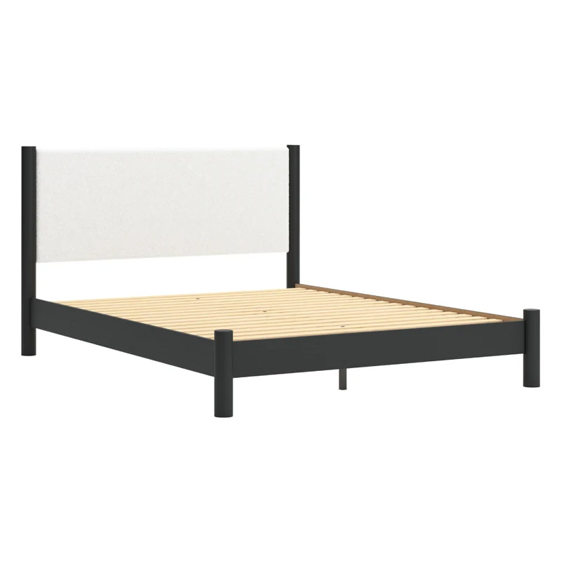Lit complet avec tête rembourrée en tissu blanc et bois noir Grand / Très grand - Cadmori