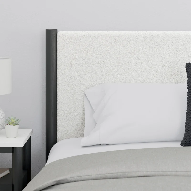 Lit complet avec tête rembourrée en tissu blanc et bois noir Grand / Très grand - Cadmori