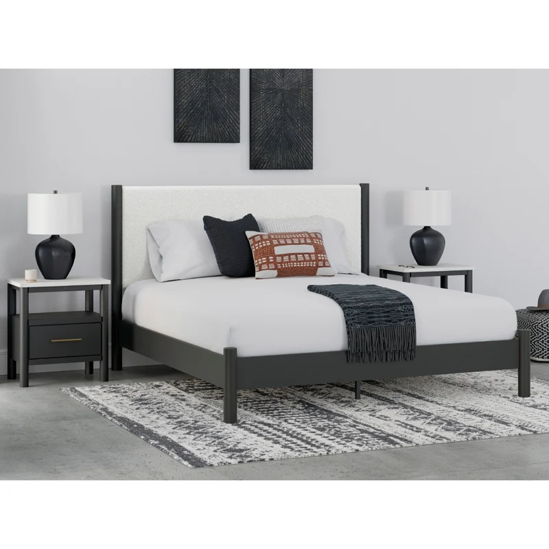 Lit complet avec tête rembourrée en tissu blanc et bois noir Grand / Très grand - Cadmori