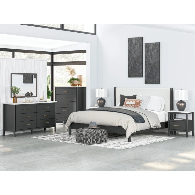 Lit complet avec tête rembourrée en tissu blanc et bois noir Grand / Très grand - Cadmori