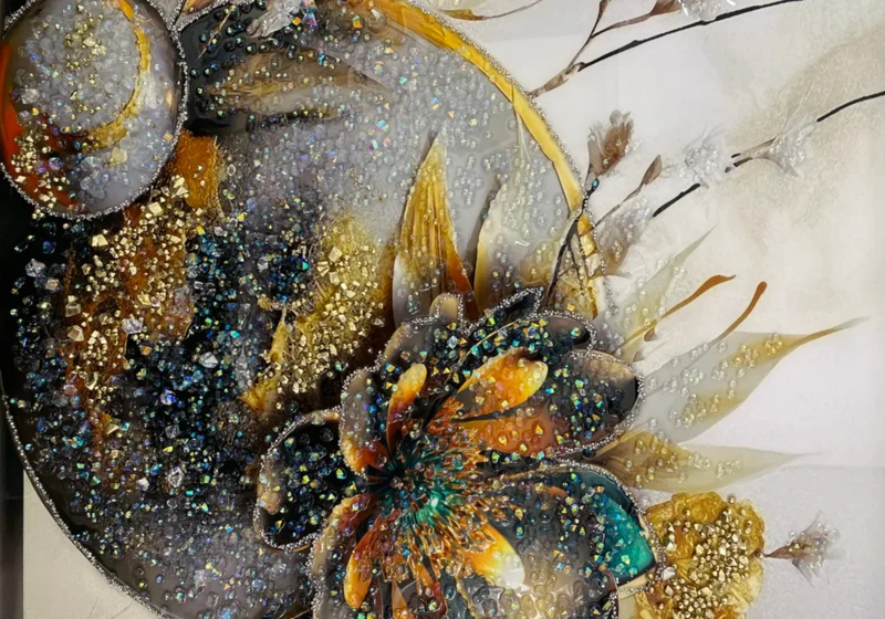 Tableau cristaux fleur dorée relief chic - Floria