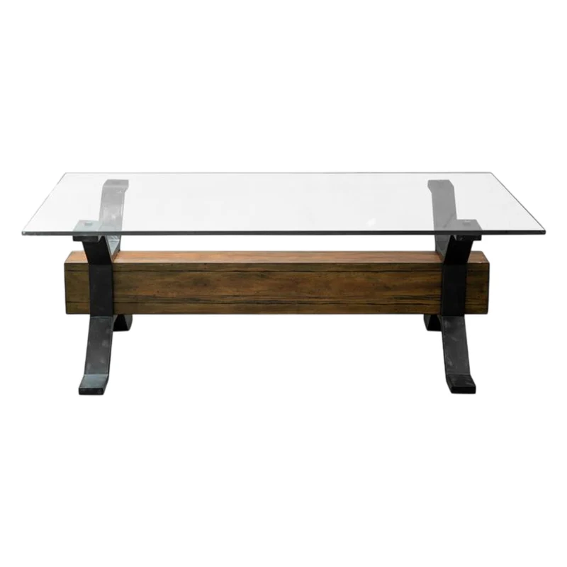 Table basse en verre trempé, en bois et métal rustique - Sawyer