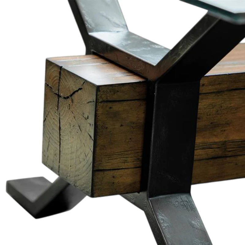 Table basse en verre trempé, en bois et métal rustique - Sawyer