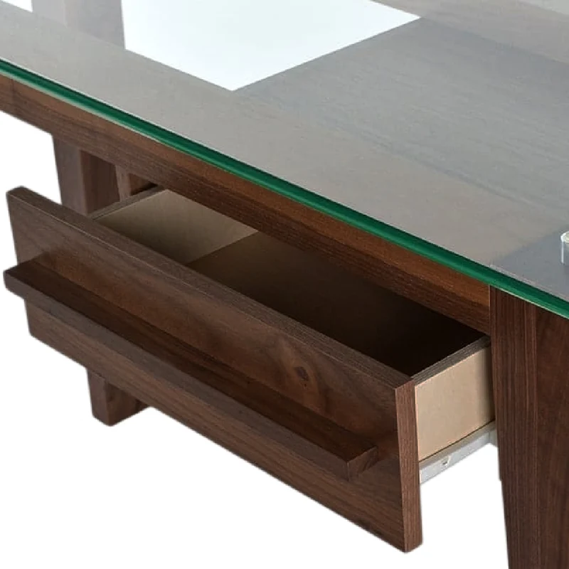 Bureau de travail en verre et bois de noyer fumé avec 1 tiroir - Teo