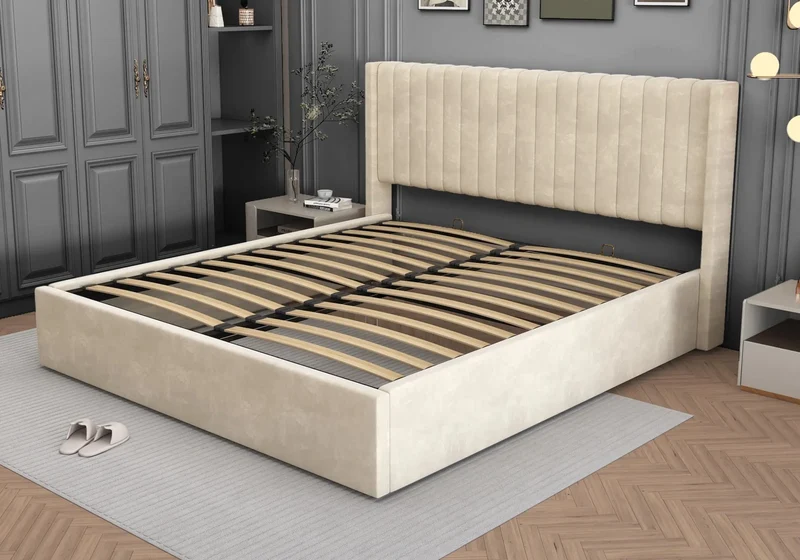 Lit velours coffre beige - Lova