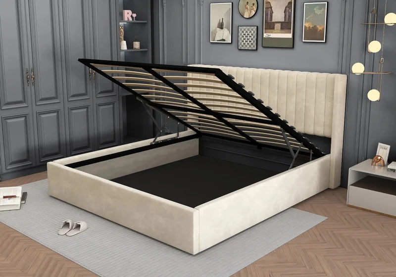 Lit velours coffre beige - Lova