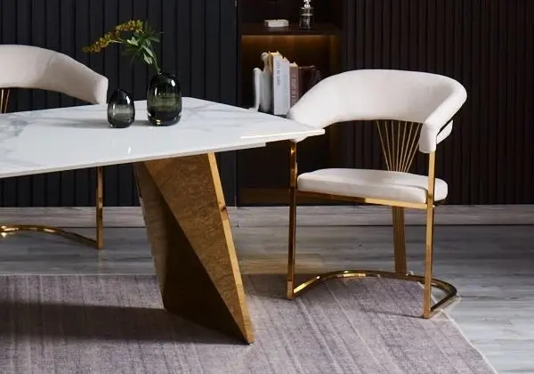 Ensemble table chaise doré céramique marbre blanc - Lala