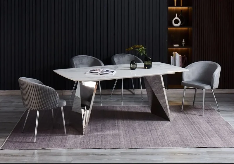 Ensemble table chaise doré céramique marbre blanc - Lala