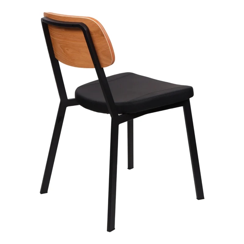 Chaise de salle à manger rembourrée aspect cuir noir et dossier en bois - Theo