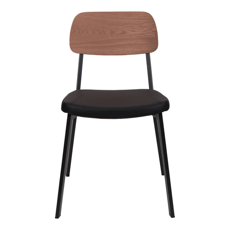 Chaise de salle à manger rembourrée aspect cuir noir et dossier en bois - Theo
