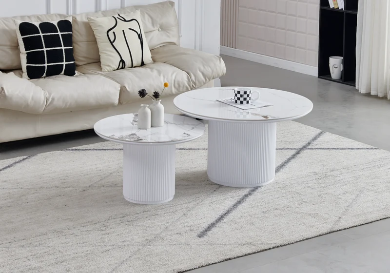 Table basse gigogne marbre beige cannelée - Kara
