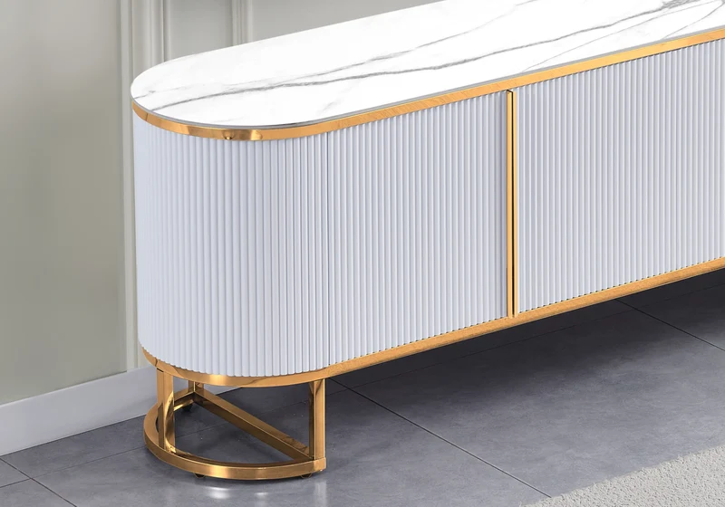 Meuble TV ovale cannelé marbre blanc doré - Nalia