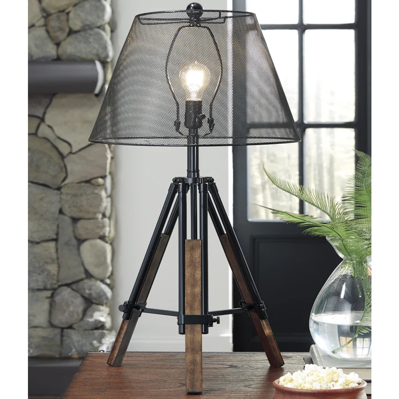 Lampe de table trépied en bois et métal noir 37 po - Leolyn
