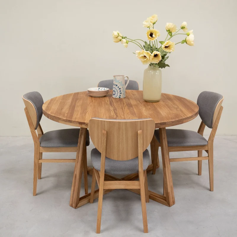 Chaise de salle à manger en bois massif de chêne Nova, revêtement en tissu Gris Nordique/Beige – Lot de 2 ou 4 chaises - NordicStory