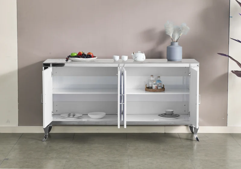 Buffet 4 portes marbre beige argent - Neo