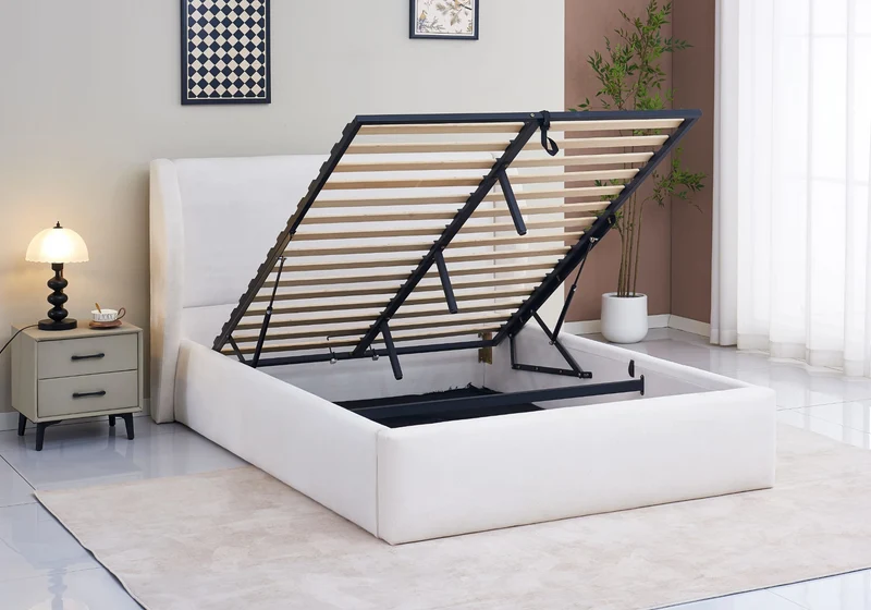 Lit coffre complet en tissu beige - Aura